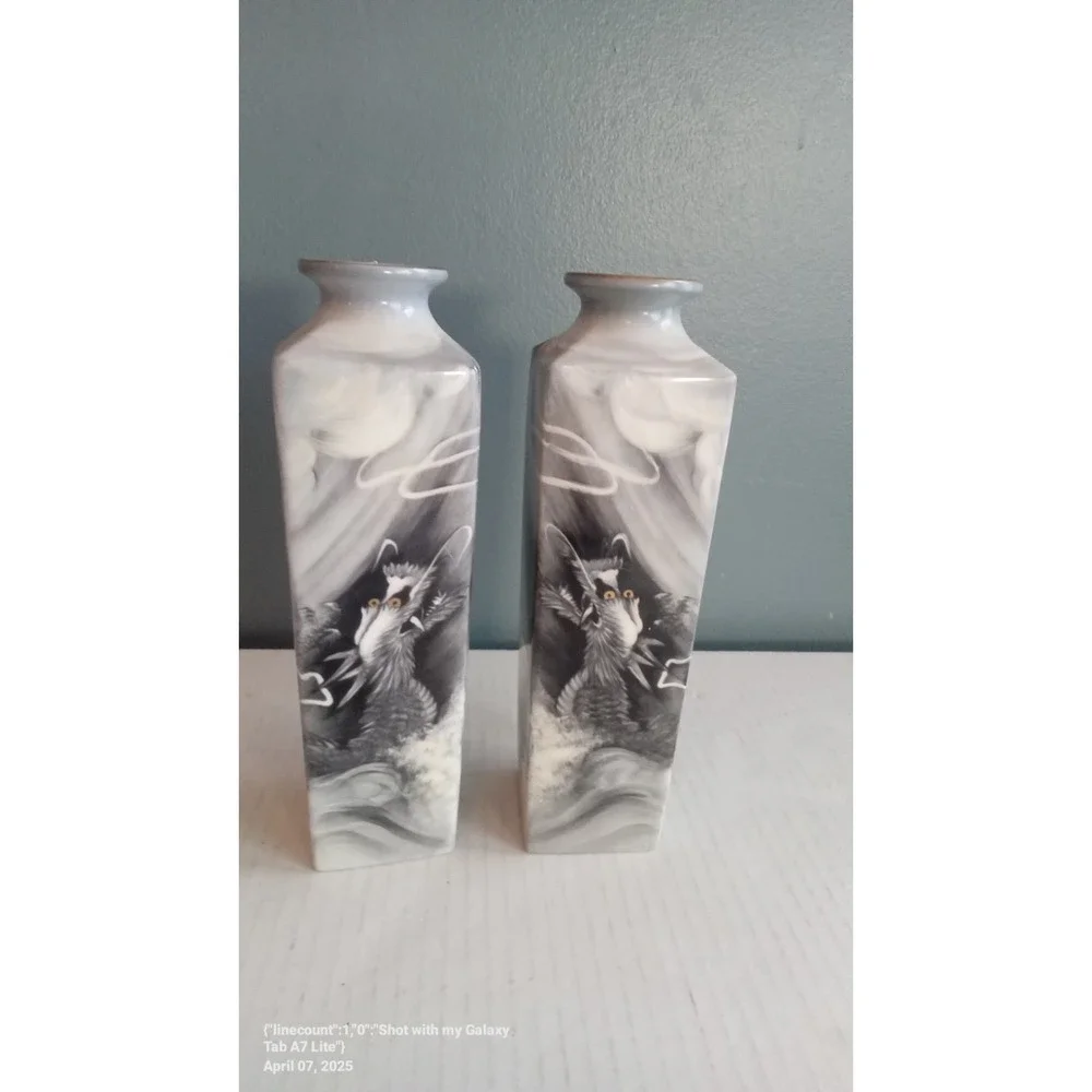 Vintage Pair Square Porcelain Dragon Vases Monochromatic Grey White Set‎ of 2